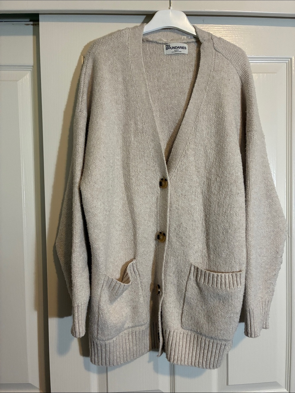 No Boundaries Beige/Cream Open V-Neck Button Cardigan